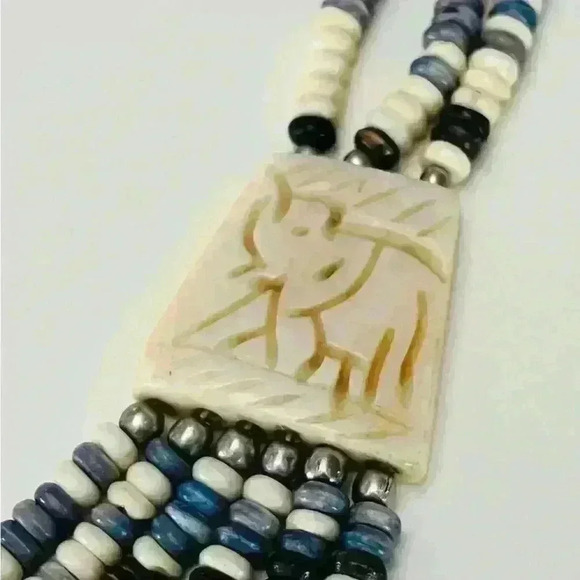 Blue Beaded Necklace - Faux Ivory -Elephant Engraved 11" Costume Fashion Jewelry - Picture 3 of 4